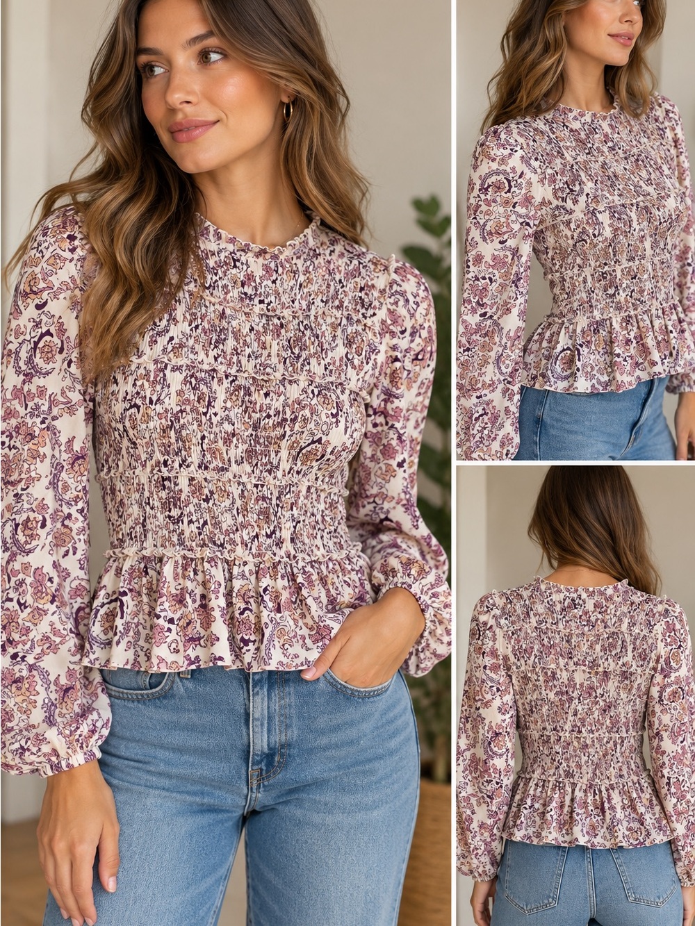 See By Chloe Lavender Floral Smocked Peplum Blouse